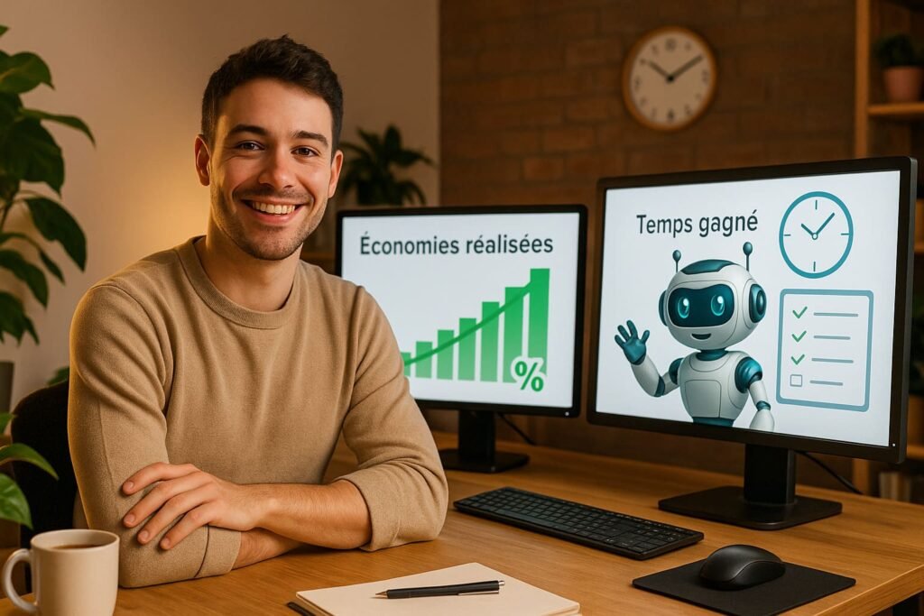 Automatisation des tâches. Un petit entrepreneur en tenue décontractée souriant à son bureau pendant qu’un assistant numérique (robot futuriste et sympathique) gère des tâches sur un deuxième écran. Des graphiques montrent les économies réalisées et une horloge indique le temps gagné. Espace de travail chaleureux avec plantes, tasse de café et matériel informatique. Style photoréaliste.