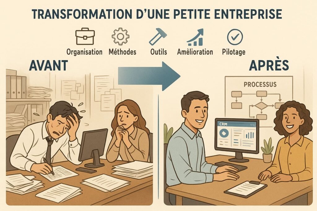 Illustration réaliste d’une petite entreprise en transformation  à gauche un bureau désorganisé, employés stressés ; à droite un environnement optimisé avec outils numériques (CRM à l’écran, employés souriants, schéma de processus affiché). Une flèche centrale illustre le “avantaprès” avec les 5 leviers intégrés comme pictogrammes.