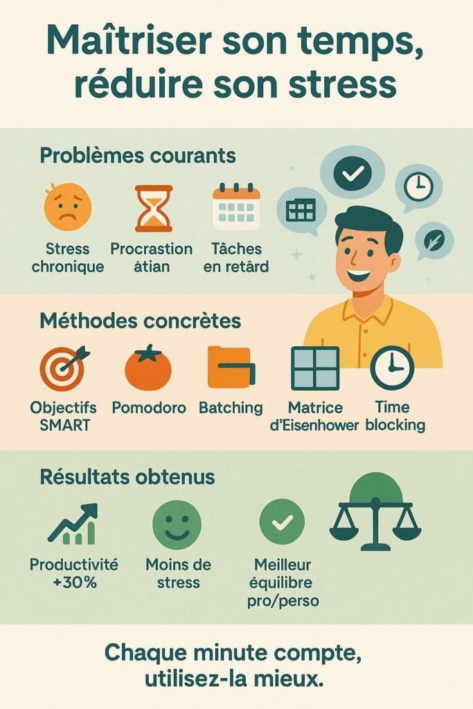 Infographie en français sur la gestion du temps intitulée Maîtriser son temps, réduire son stress. L’image se divise en trois blocs horizontaux illustrant les problèmes courants comme le stress chronique, la procrastination et les tâches en retard